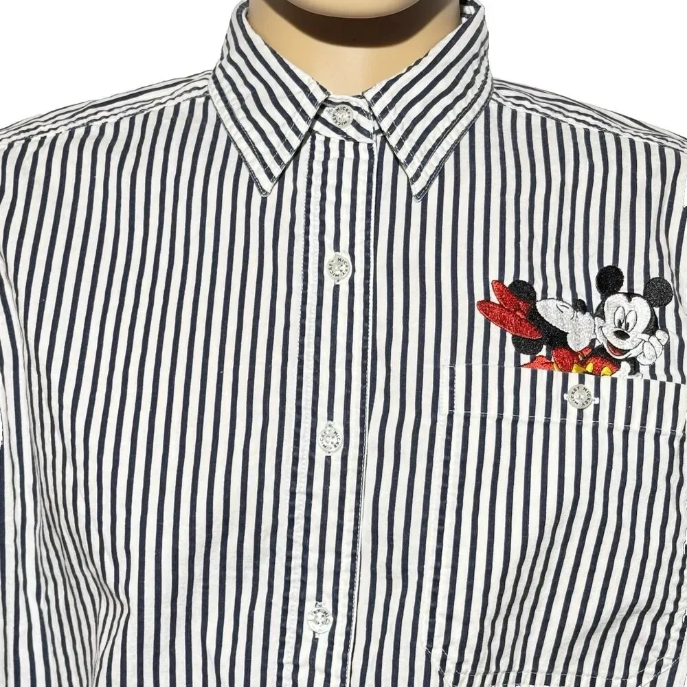 Vtg Mickey Unlimited Disney Stripe Denim Shirt Women’s Medium Button Up EUC - Picture 2 of 11